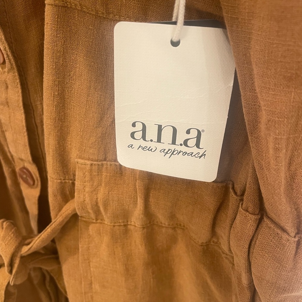 a.n.a. Linen Blend Midi Shirt Dress Tie Waist Button Front Brown M NWT - Picture 9 of 12